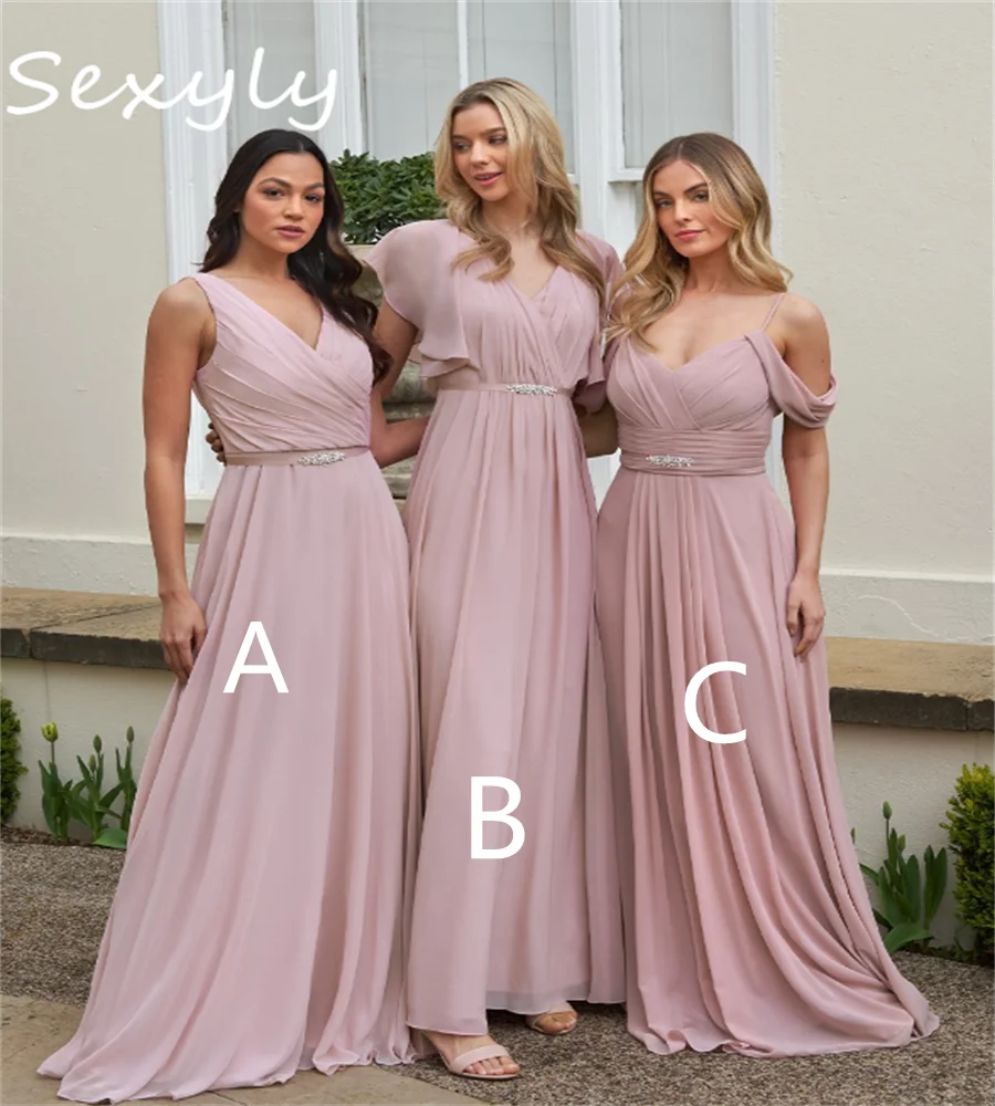 

Pink Bridesmaid Dress Multiple Sexy V Neck Floor Length Chiffon Maid Of Honor Dress With Belt 2023 Elegant Chic Wedding Guest
