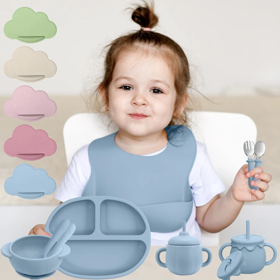 5PCS Food Grade Silicone Baby Feeding Sets Suction Bowl Fork Spoon Bibs Children Tableware free shipping Items For Kids