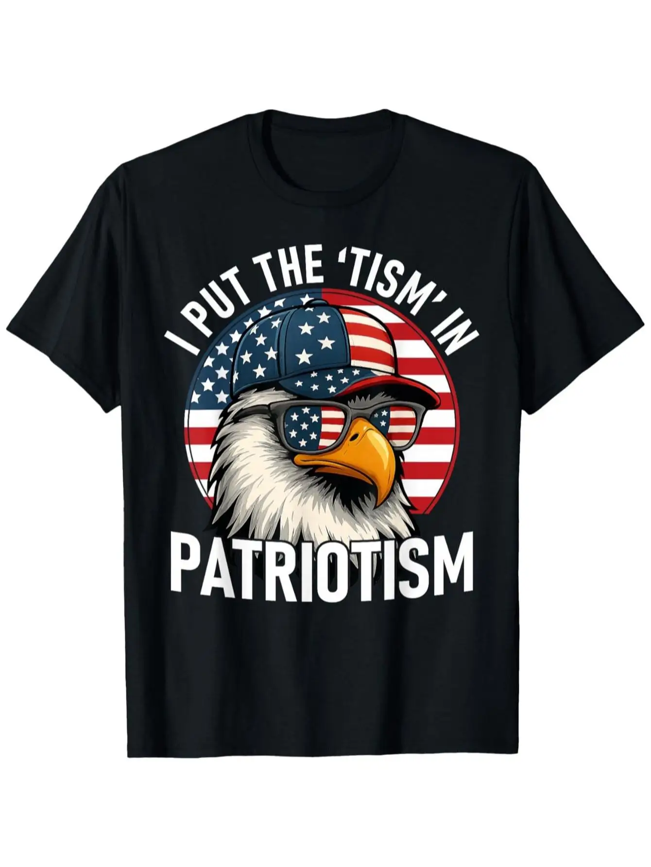 Funny Bald Eagle Patriotic T-Shirt - I Put The Tism in Patriotism , Flag  Eagle Graphic, Unisex Casual Round Neck Short Sleeve Tee for Men  Women,  Sizes, Red  Suitable for Fourth of, BBQs, Casual Attire