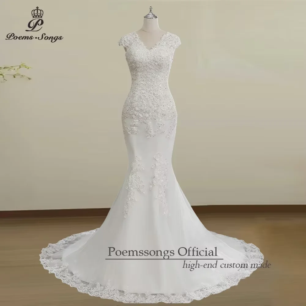 

Customized Graceful V-neck Sleevesless Lace-up Back Lace Details Mermaid Style Wedding Dress Bridal Gown vestidos de novia boda