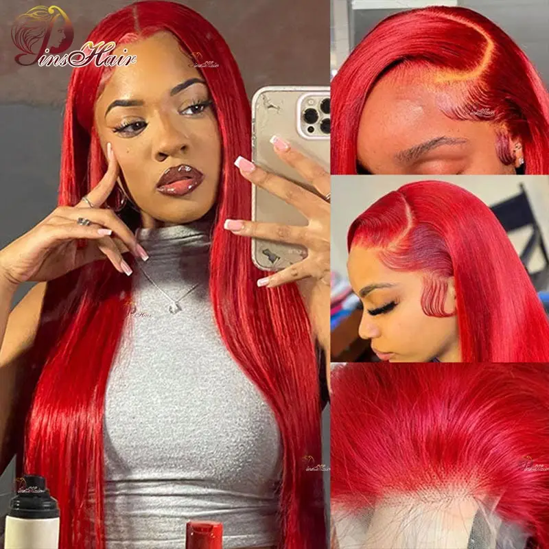 

Hot Red Straight Lace Front Human Hair Wigs Pre-Plucked Burgundy 99J Colored 13x4 Lace Front Wigs for Women Remy Human Hair 180%