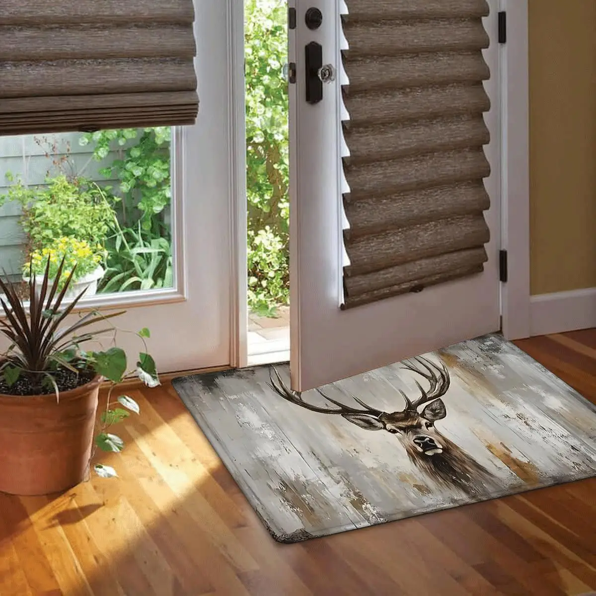 Vintage Stag Head Doormat Rustic Wood Print Rug Non-slip Floor Mat for Entrance Living Room Bedroom Home Decor Carpet