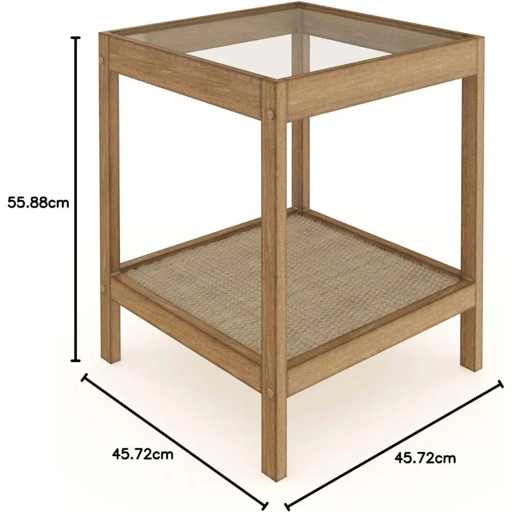 Bedside Table End or Side Table in Light Brown Wood Finish & Glass Top With Open Storage Shelf Home Furniture Furnitures Bedroom