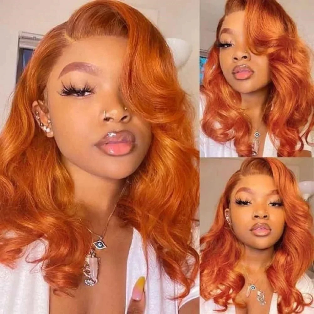 Perruque Lace Front Wig Body Wave brésilienne naturelle, cheveux humains, sans colle, 13x4, 350, orange vidéo 200%, pour femmes africaines