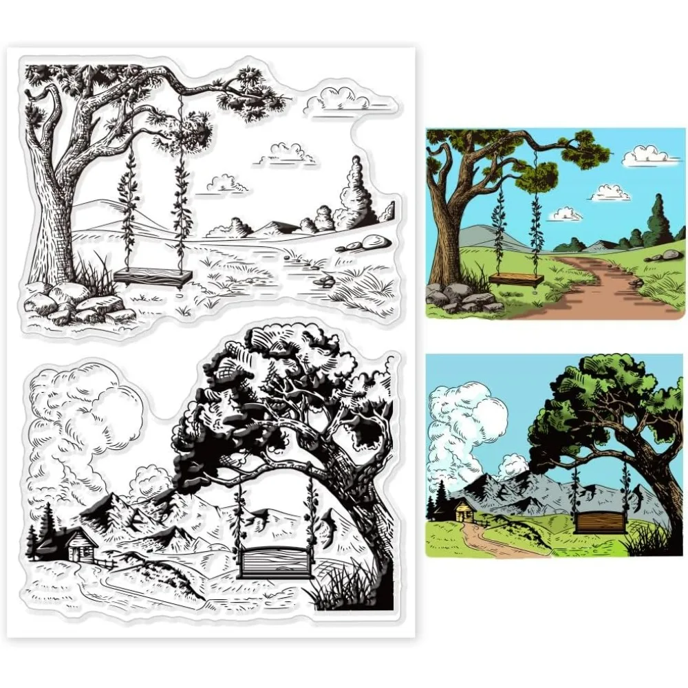 Tree and Swing Clear Stamps Natural Landscape Silicone Clear Stamp Seals for DIY Scrapbooking Cards Making Photo Album