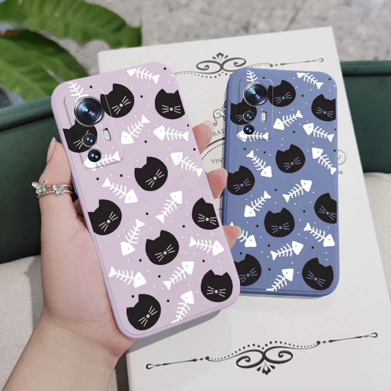 Cat Fish Bones Phone Case For Xiaomi Mi 14 13 13T 12 12X 12T 12S 11 11T 10 10T 9 9T Pro Lite Liquid Silicone Cover