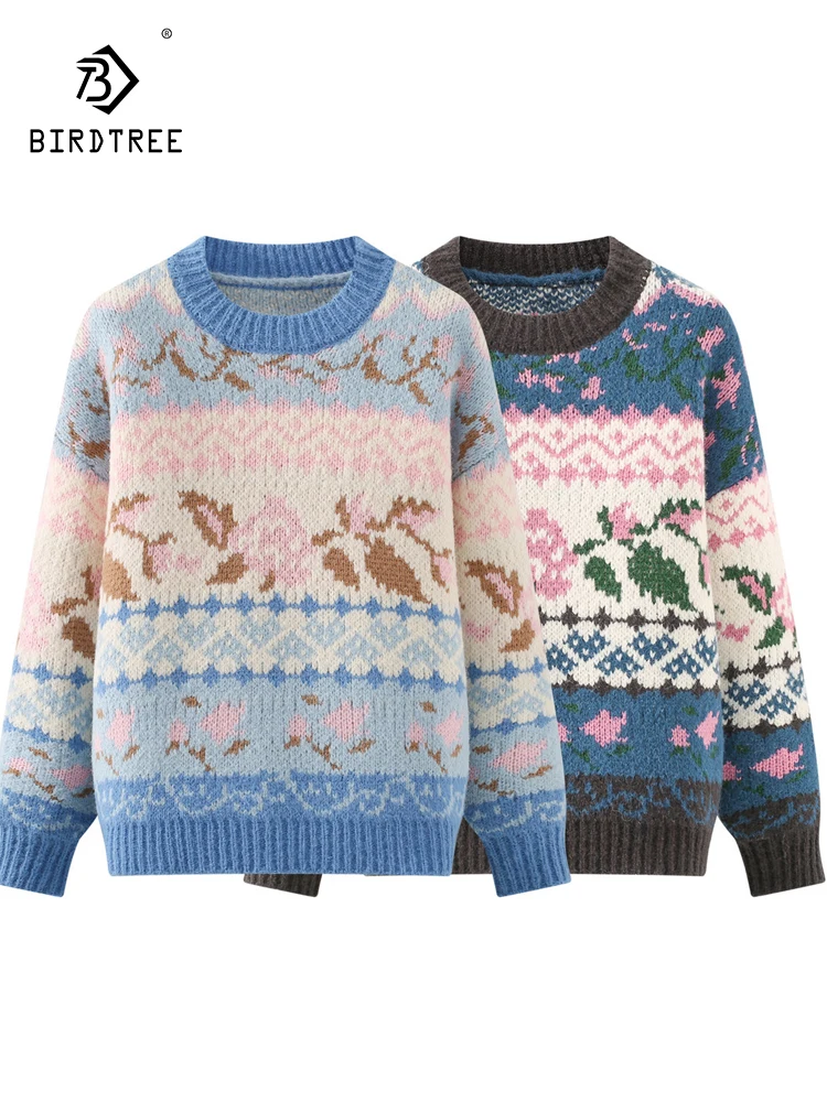 

Новый весенний свитер из смеси хлопка 2026, женский жаккардовый свитер с круглым вырезом, свободный вязаный пуловер в консервативном стиле Mori Girl OL T5D954CC