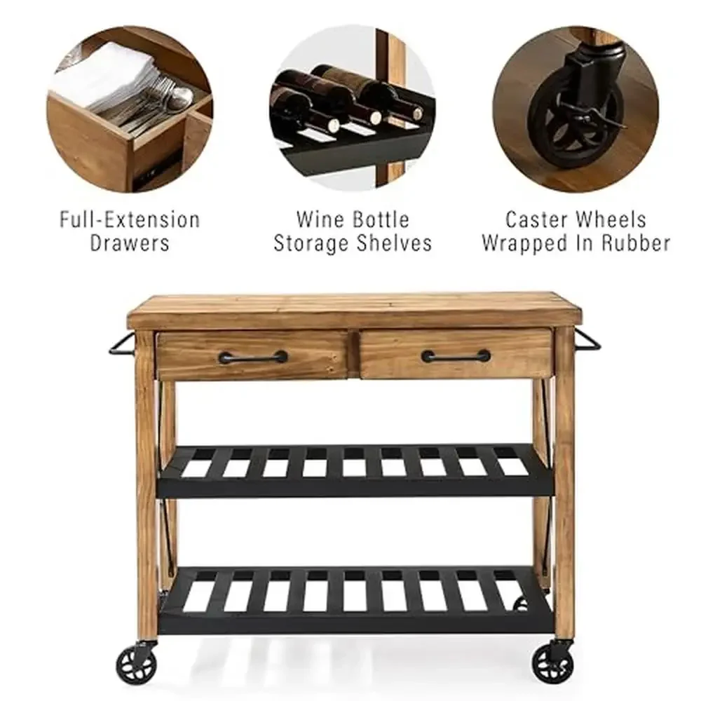 Industrial Rolling Kitchen Cart with Solid Pine Top and Steel Shelves Two Drawers Natural Wood Veneer Construction Heavy Duty image 4