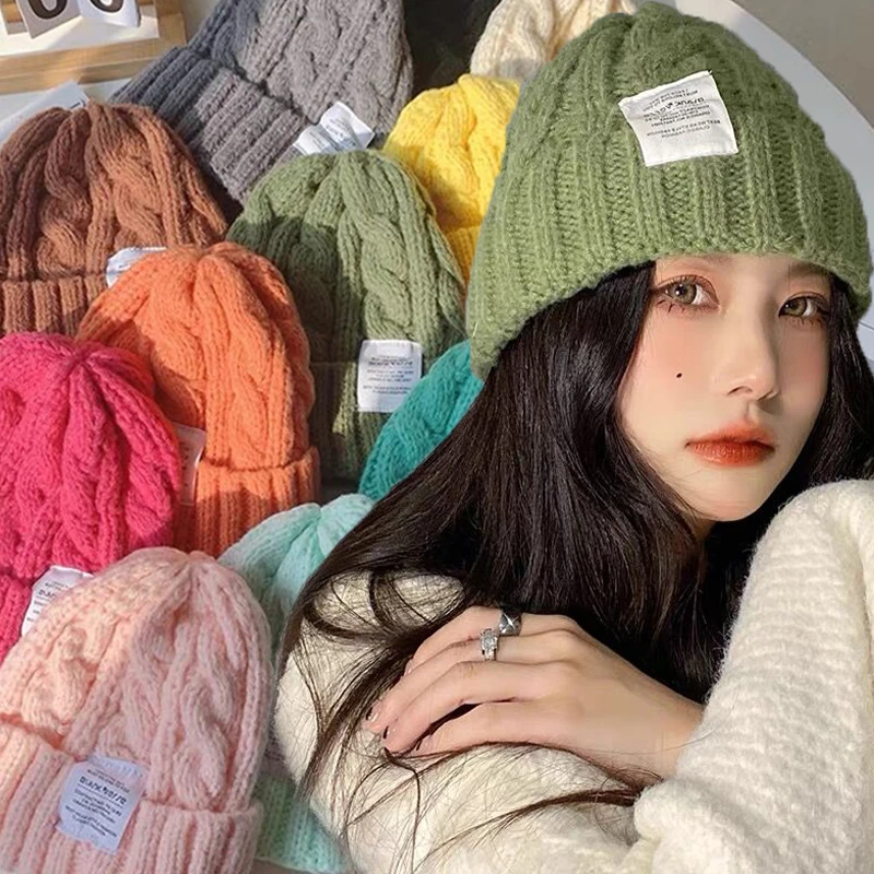 

Вязаные облегающие шапки, шапка для женщин и девушек, мешковатая однотонная шерстяная шапка, уличная зимняя теплая зимняя шапка, шапки с помпонами, уличная одежда