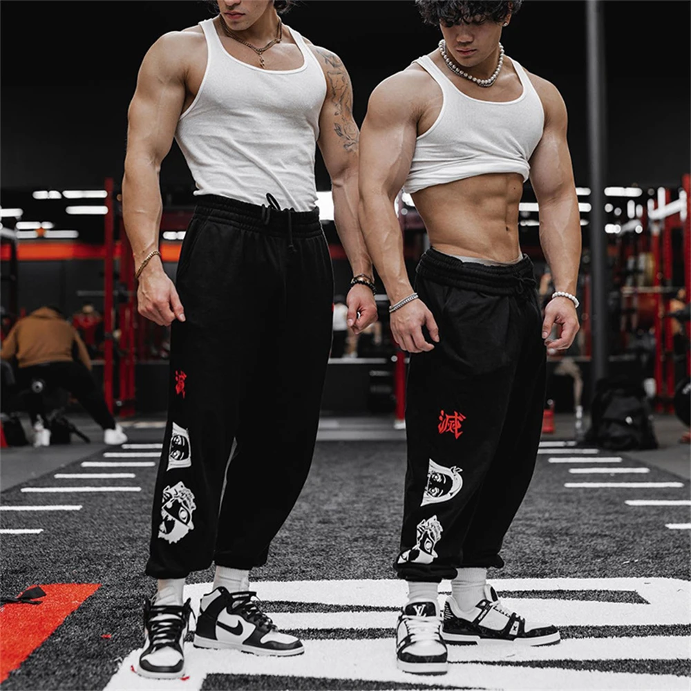 Black Beige Joggers Sweatpants Men Cotton Print Casual Pants Gym Fitness Drawstring Trousers Male Sportswear Running Trackpants