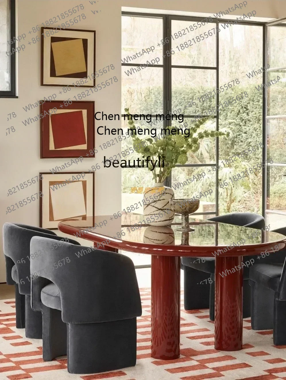 Solid wood dining table wabi-sabi wind oval glossy red desk simple small apartment negotiation table  AB