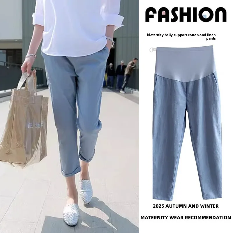 Spring Summer Thin Maternity Wide-Leg Capris for Petite Women, Loose Slim-Fit Straight Leg, High-Waist Belly Support