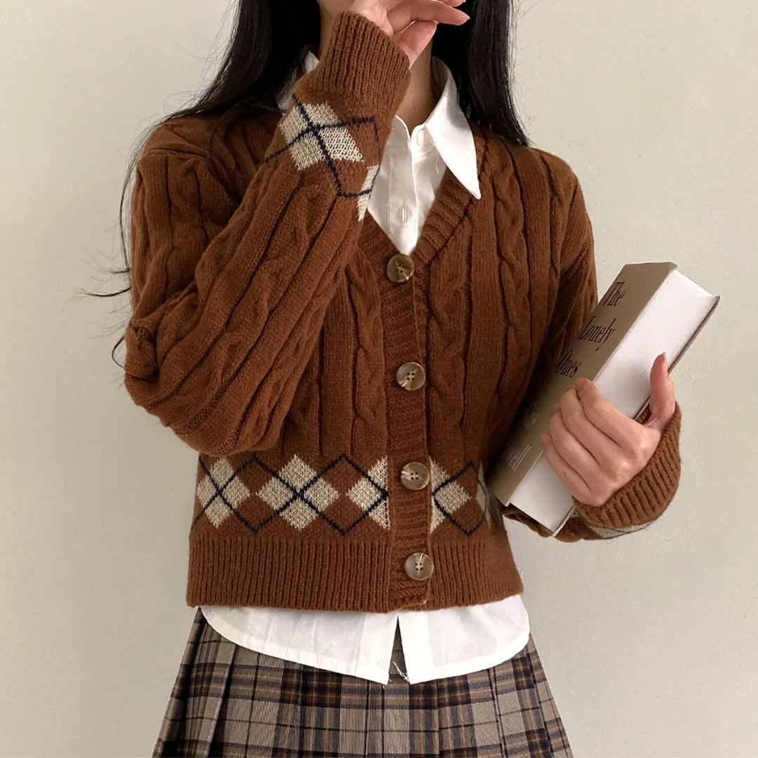

Шикарный весенне-осенний клетчатый вязаный открытый кардиган с v-образным вырезом, свитер, верхняя одежда, женский топ с ромбовидным узором на одной пуговице
