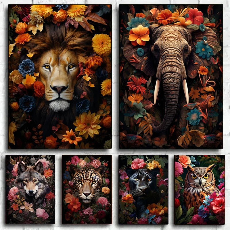 Affiches d'animaux, fleurs, feuilles, Lion, panthère, éléphant, loup, imprimés, peinture sur toile, tableau d'art mural pour décoration de salon et de maison