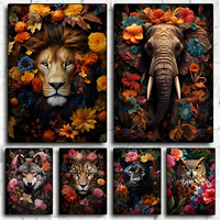 Animals Flowers Leaves Lion Panther Elephant Wolf Posters Prints Canvas Painting Wall Art Picture for Living Room Home Decor