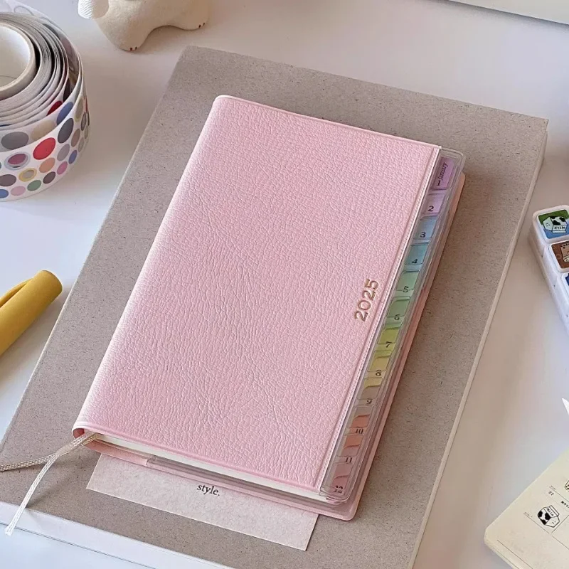 2025 Portable Planner Memo Leather Schedule Notebook Colorful Index Diary Notebook Monthly Weekly Plan Notes for Students