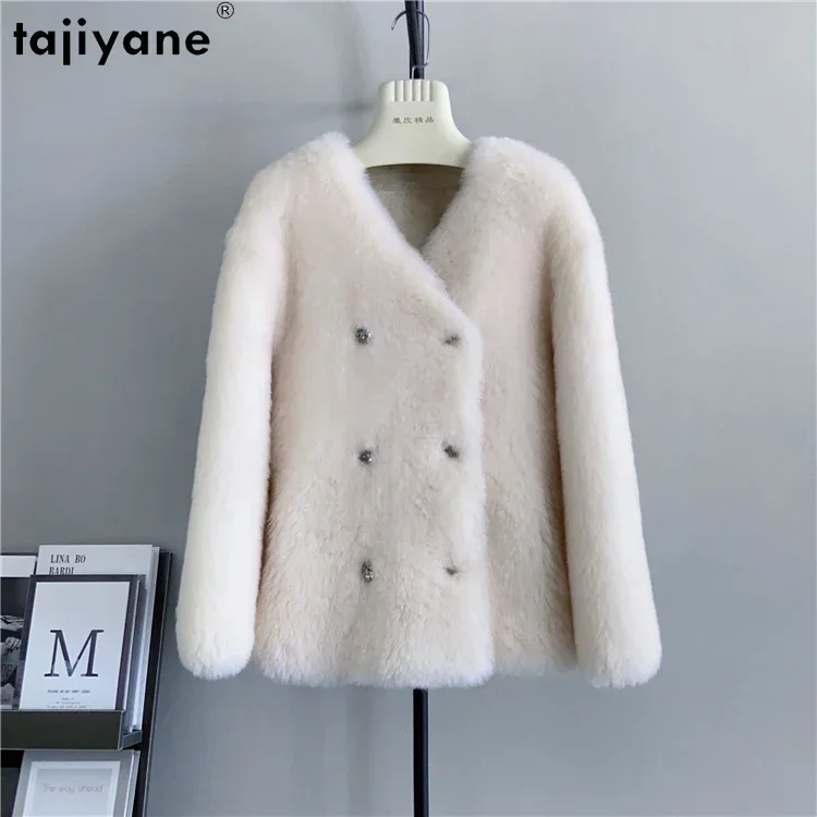 Tajiyane New Elegant Sheep Shearing Jacket Women Winter Autumn 100% Pure Wool Coat Short Fur Coat Double Breasted Veste Femme