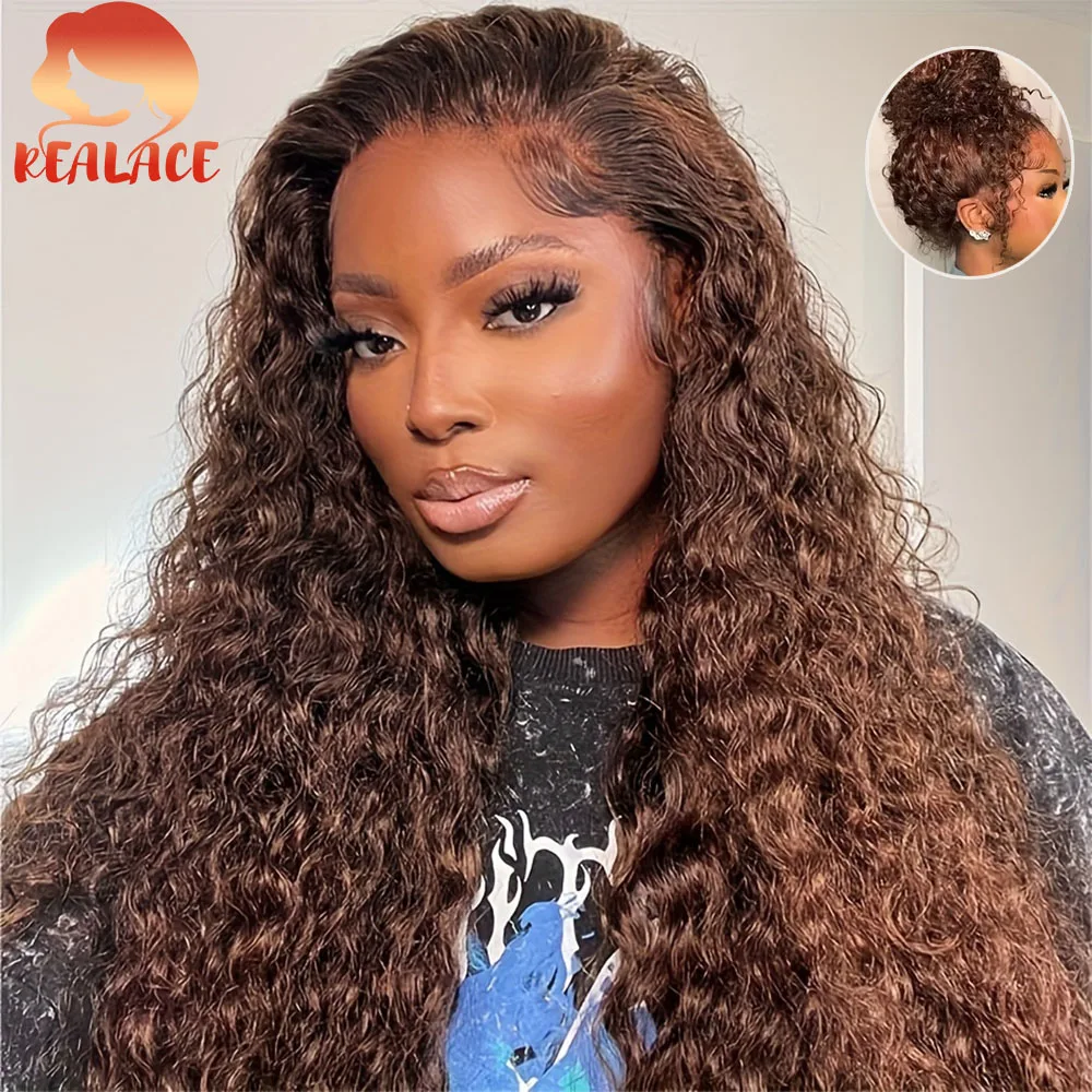 

Коричневый кудрявый парик из натуральных волос 13x4, парик с кружевной передней частью 13x4, парик с эффектом водной волны для женщин, бразильский парик с глубокой волной, HD-кружево