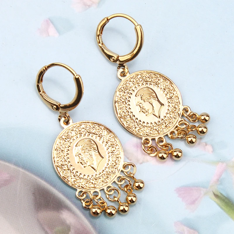New Women\'s Jewelry Set Large Size Turkish Coin Pendant Muslim Islamic Necklace Women\'s Earrings Jewelry for Woman Earring
