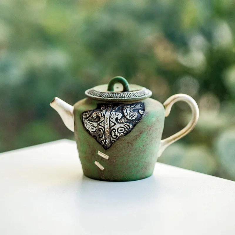 

Teapot Light Green Relief Feastful Decorative Pattern Chinese Retro Tea Maker Household Teapot