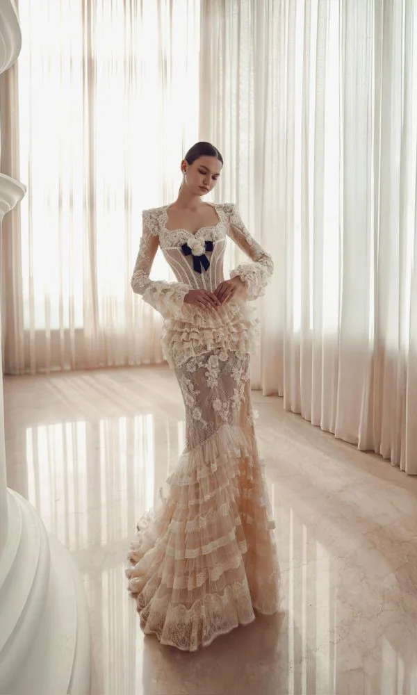 Vestido de sirena romántico gótico de lujo, vestido ajustado con corsé y lazo azul marino, apliques de encaje, fiesta de noche sin espalda, superventas, 2026