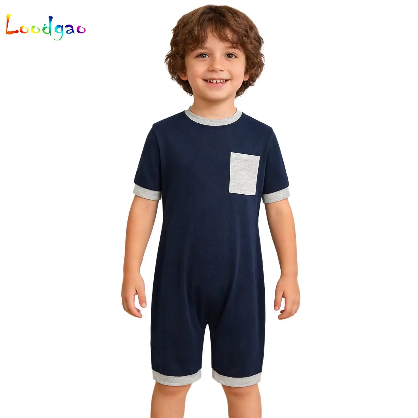 Boys Girls Special Needs Adaptive Clothing Short Sleeve Anti-Strip Zipper Back Striped Thigh Length Jumpsuit Romper Sleepwear