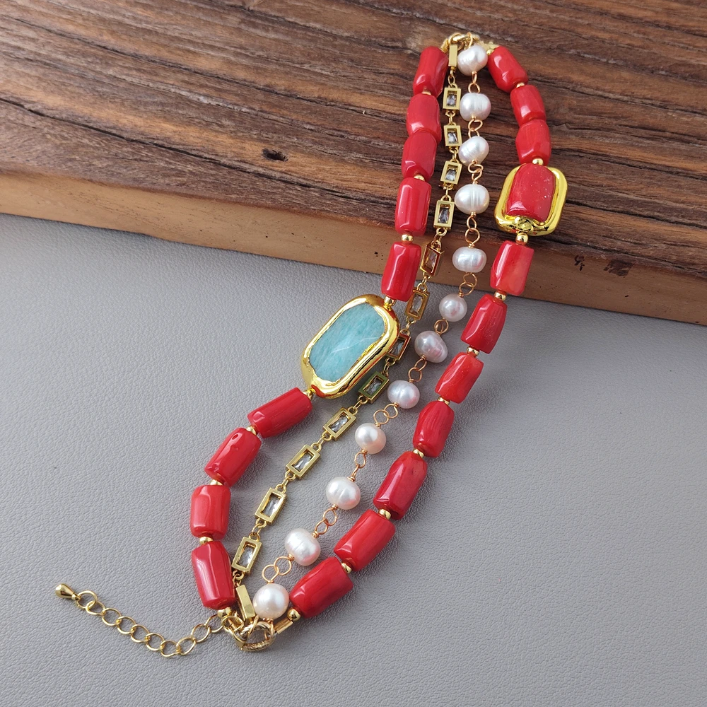 YYGEM 7-8 مللي متر المياه العذبة الأبيض البطاطس اللؤلؤ 15x19 مللي متر المرجان الأحمر امازونيتي الخرز ستراند سوار امرأة بيان أساور