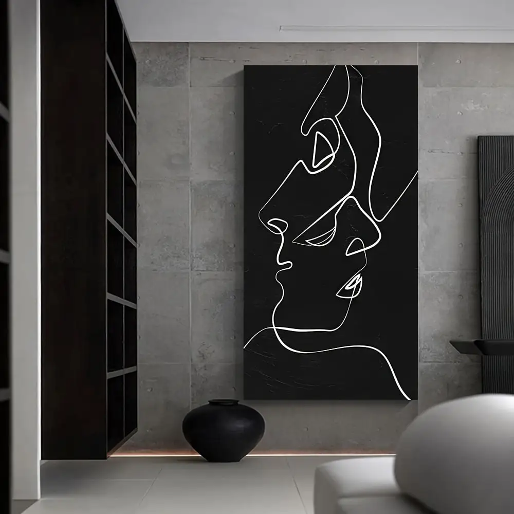 

Modern Abstract Couple Silhouette Canvas Wall Art - Frameless Black & White Line Art, Minimalist Nordic Style, Canvas Print for