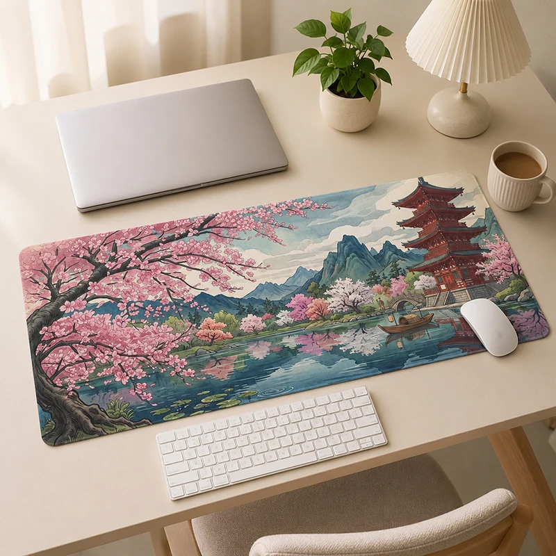 Cherry Blossom Mountain Pagoda Mouse Pad Gaming printon demand Custom New Large Mousepad XXL Desk Mats Office Computer Mice Pad