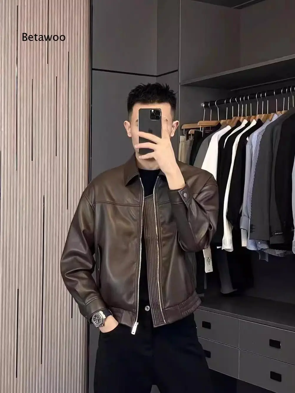 Men Lapel Zip Up Faux Leather Biker Jacket Light Mature Style Loose Outerwear for Autumn Winter Street Daily Wear