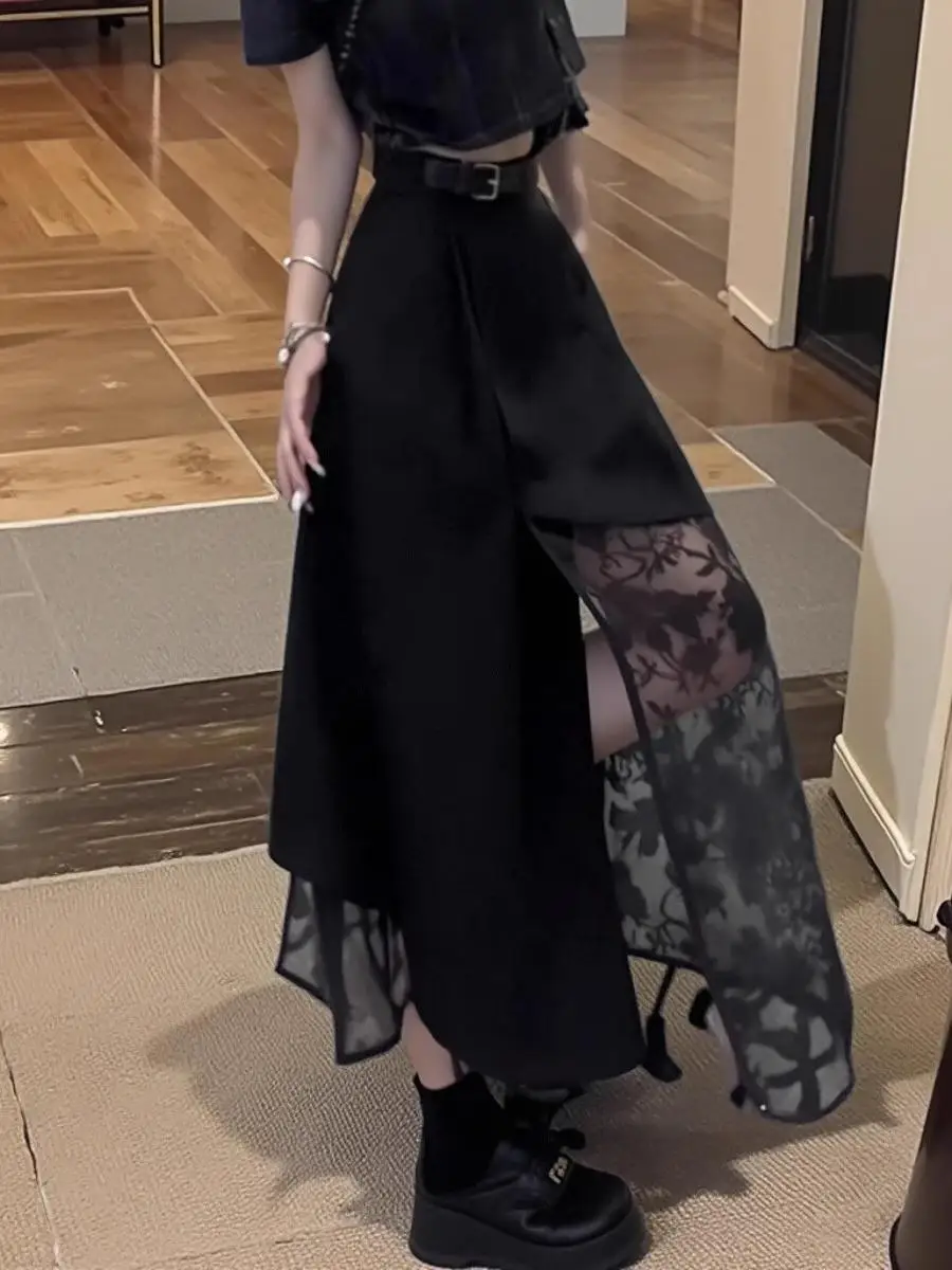 

Black Asymmetrical Lace Splicing Design Half-length Skirt High Waist A-line Midi Skirt for plus Size Women Spring New Style