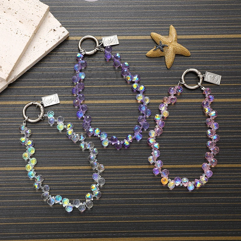 Colorful Crystal Teardrop Beaded Mobile Phone Case Chain Anti-Lost Phone Lanyard WaterCup Pendant Keychain Earphone Camera Chain