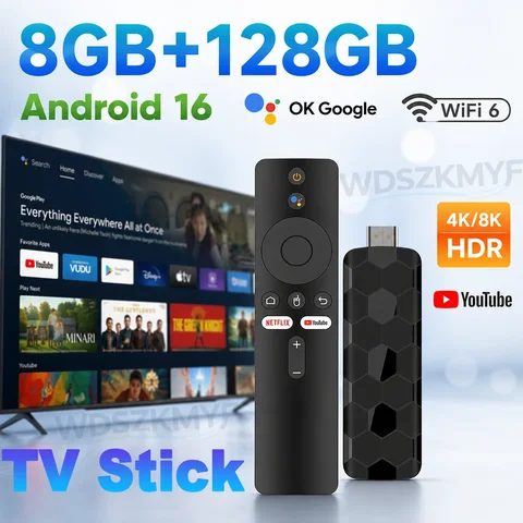 Android 16 Smart TV Stick 8GB+128GB Google Assistant 4/8K UHD Bluetooth5 Media Player Very WiFi 6 For Netflix YouTube Disney+