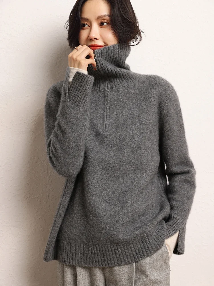 New Casual Women Sweater Pullover 100%Cashmere Autumn Winter Sweater Turtleneck Half Open Collar Pullover Clothes Thick Warm Top