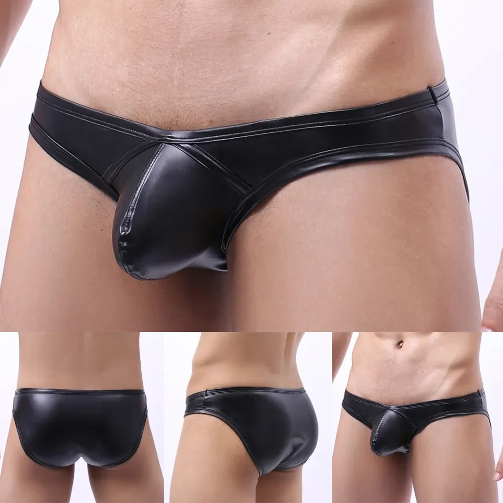 

Mens Wet Look Brief Faux Leather Bulge Pouch Underwear Seamless Trunks Low Waist Underpants Temptation Erotic Lingerie Hombre