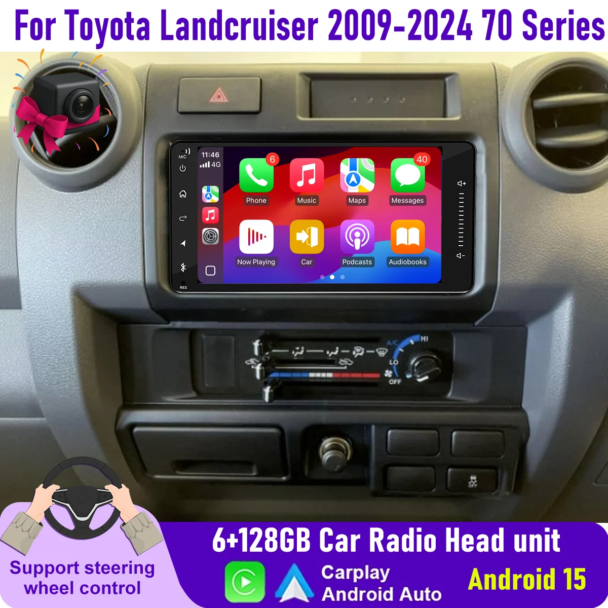 7 "Radio de coche inalámbrico CarPlay Android auto 8 núcleos 6 + 128GB para Toyota Landcruiser 2009-2024 70 Series Android15 unidad principal GPS BT