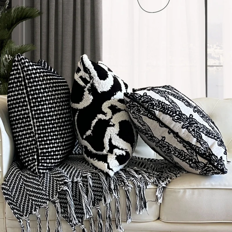 Luxury Black & White Textured Throw Pillow Cover Tufted Abstract & Chain Jacquard Cushion Cases Houndstooth Decorative Pillow