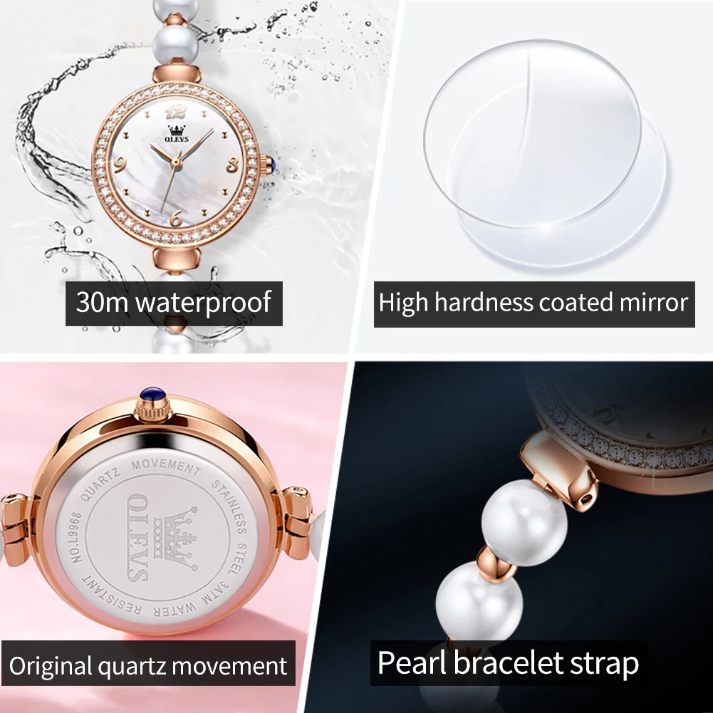 OLEVS 9968 Women\'s Quartz Watches Synthetic Pearl Watchband Elegant Luxury Diamond Bezel Design 30m Waterproof Ladies Wristwatch