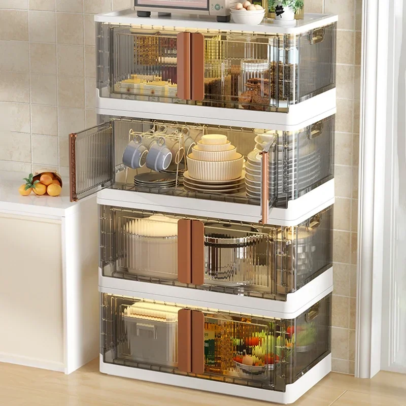 

Light Luxury Furniture Kitchen Cabinets Plastic Tableware Storage Box Folding Design High Capacity Microwave Shelf Cabinets