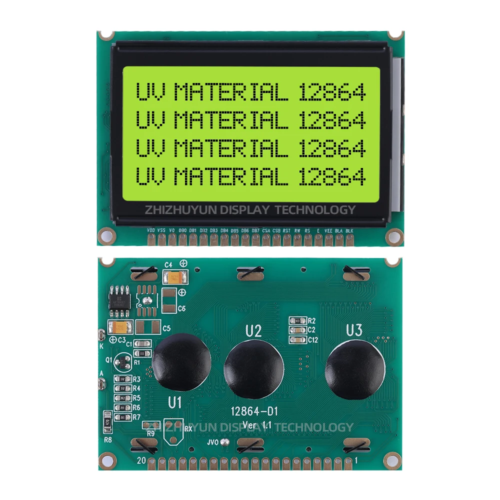 Tela LCD material UV da treliça, luz verde esmeralda módulo do preto LCM, 12864-D1, 128*64, 75mm * 52.7mm