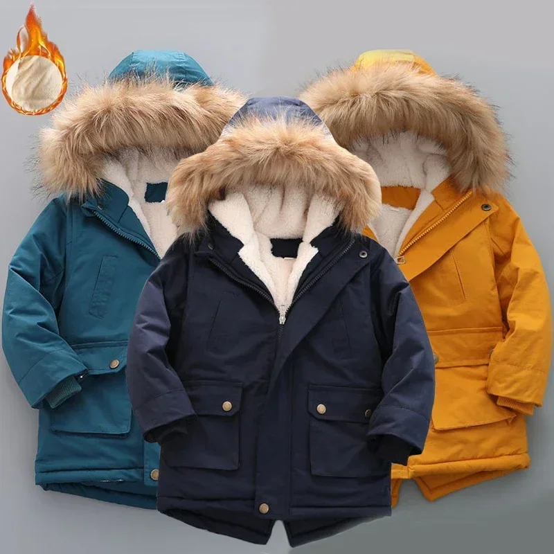 3-12 Years Winter Warm Boys Jacket Big Fur Collar Padded Linning With Velvet Thick Hooded Heavy Coat For Kids Children Outerwear