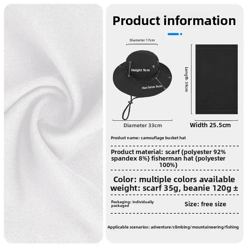 Summer Sunscreen Bucket Hat Big Head Circumference Thin Cycling Scarf Two Piece Set Camouflage Printed Windproof Outdoor