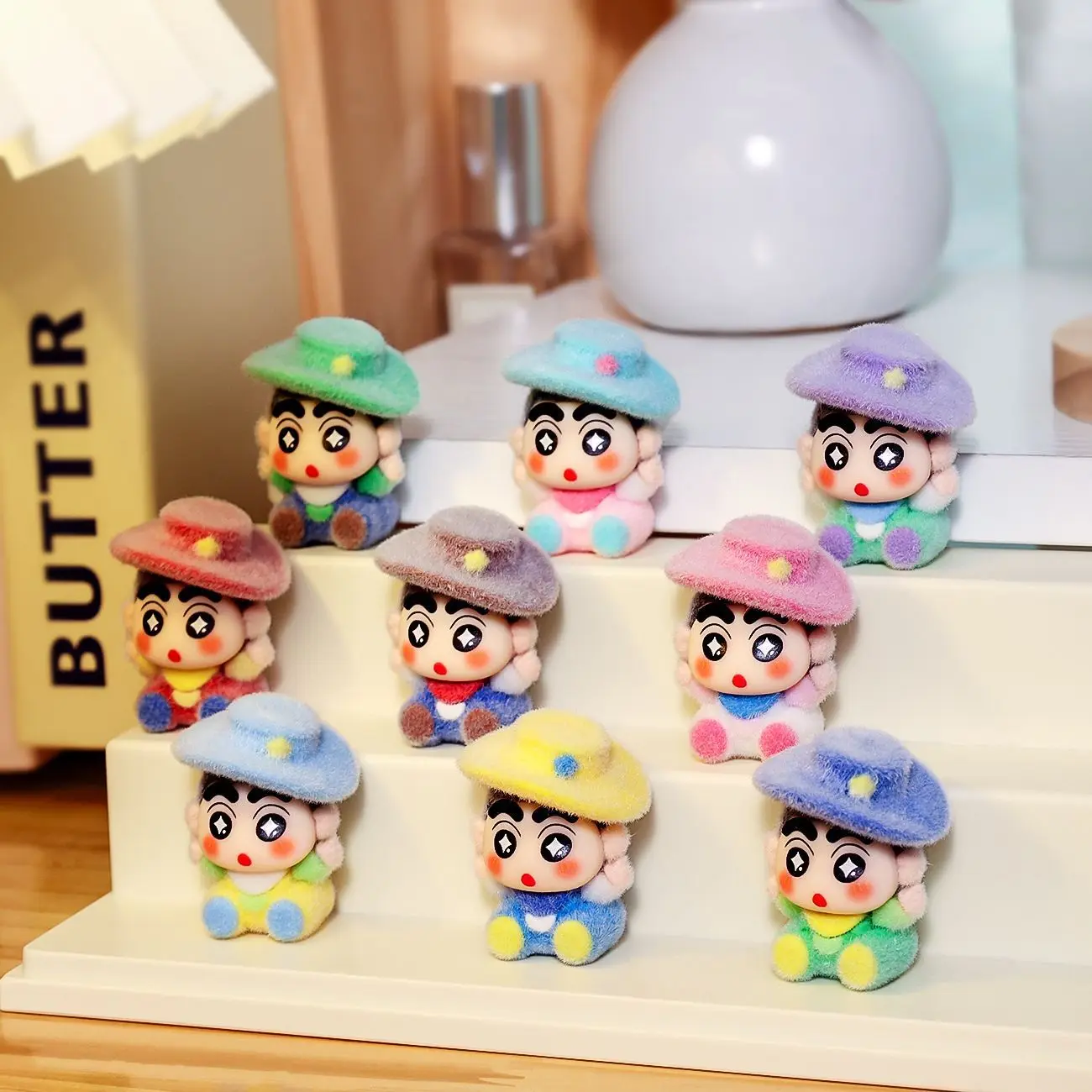 New Flocked Denim Shin Chan Series mini Figurine desktop Ornament Crayon Shin Chan Trendy Toy Car Dashboard Decor