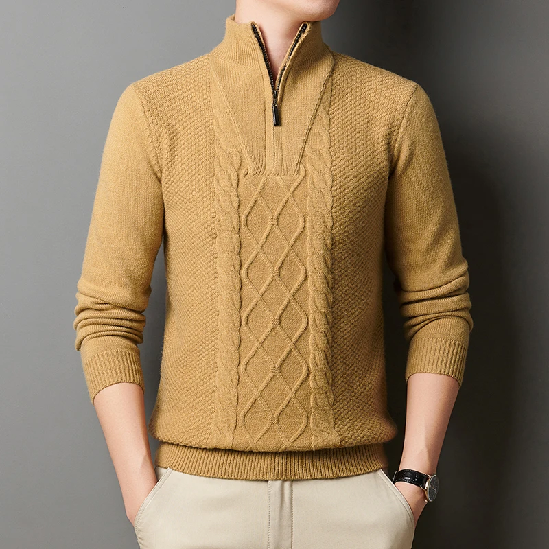Men Thick Warm Zipper Collar Knitted Sweater Fashion Men Base Shirt Pure Color Sweater Autumn Winter Male Trend Pullover