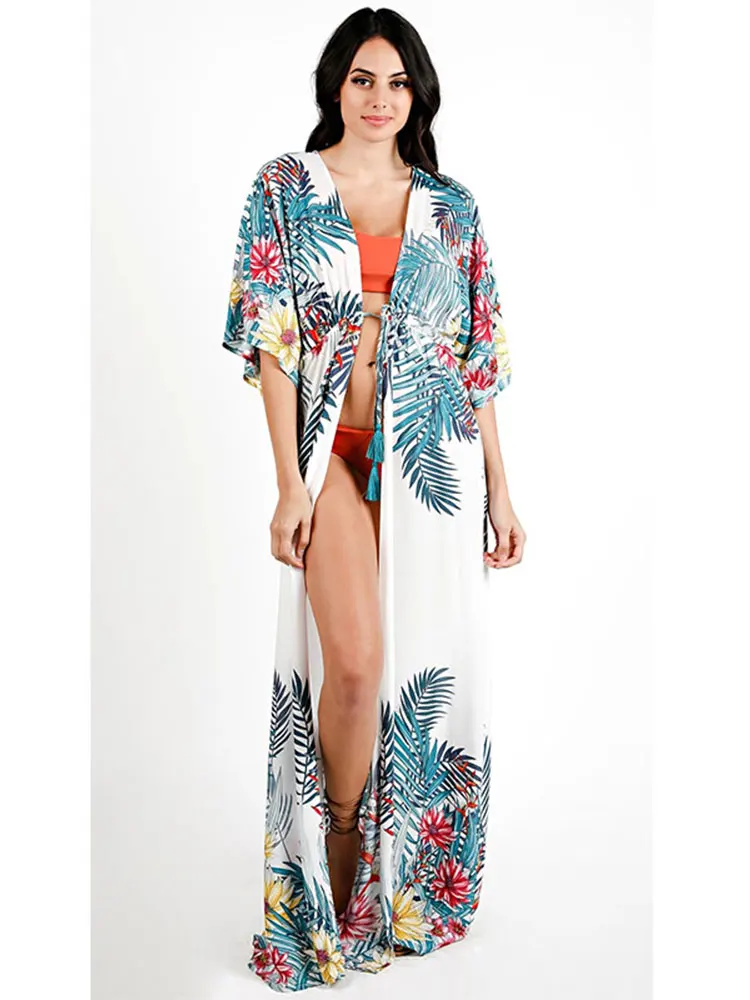 

2023 Long Kimono Cardigan Plus Size Beach Wear Clothes Bohemian Floral Printed Belted Cotton Tunic Wome Tops and Blouse Q1053