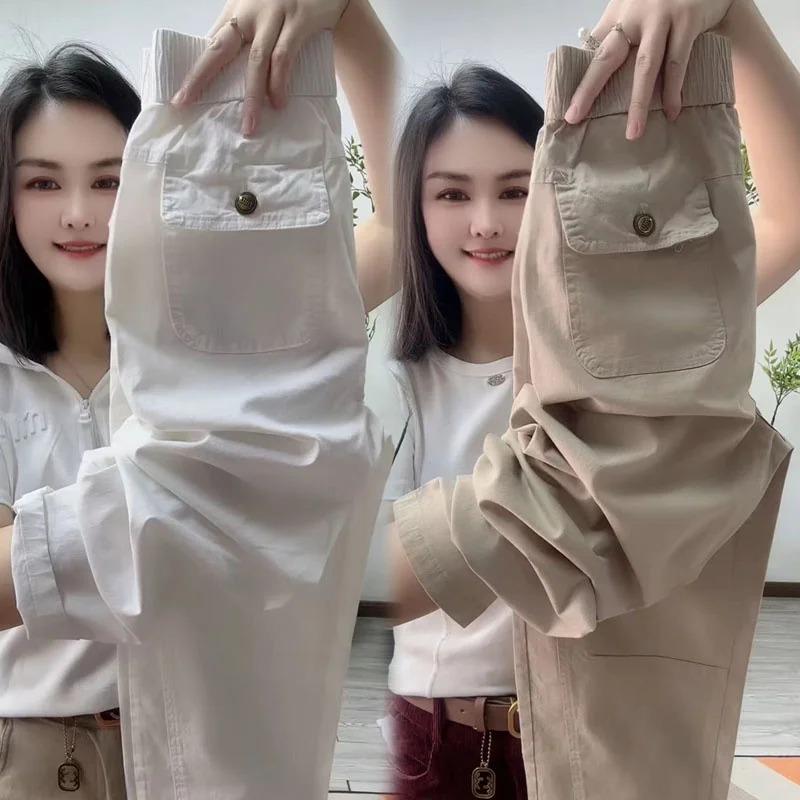 Coreano novo 2025 moda primavera verão haren calças femininas casual solto all-match cintura elástica calças retas senhoras feminino