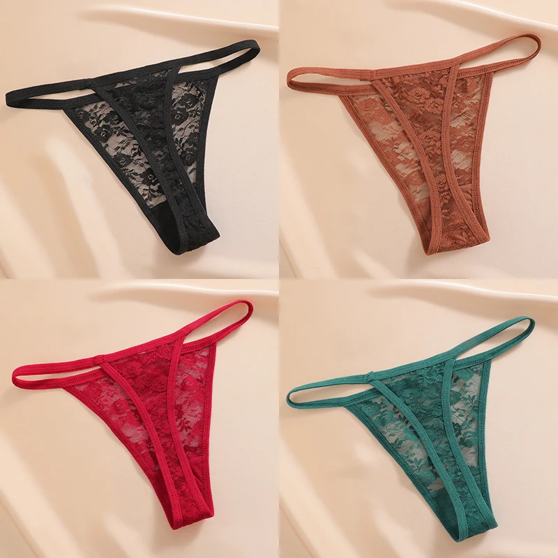 4-teiliges Set Damenunterwäsche Spitzen-Höschen Blumenmuster Lingerie Sexy Tanga G-String Transparente Intimwäsche