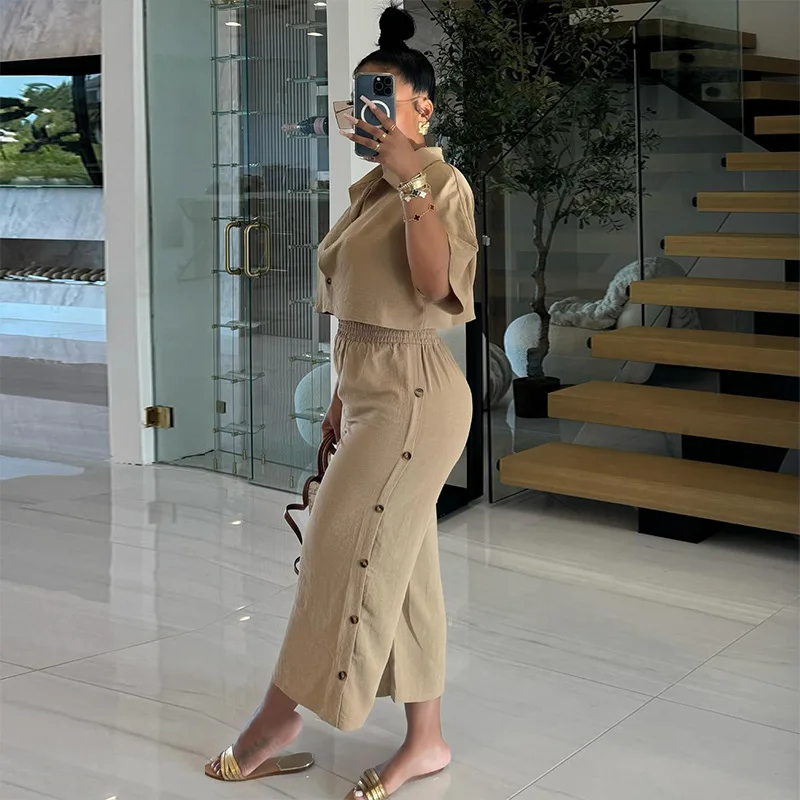 Casual Summer 2024 Women New Style Clothes High Waist Wide Leg Pants 2 Two Piece Outfits Button Down Ankle Loose Lounge Pant Set