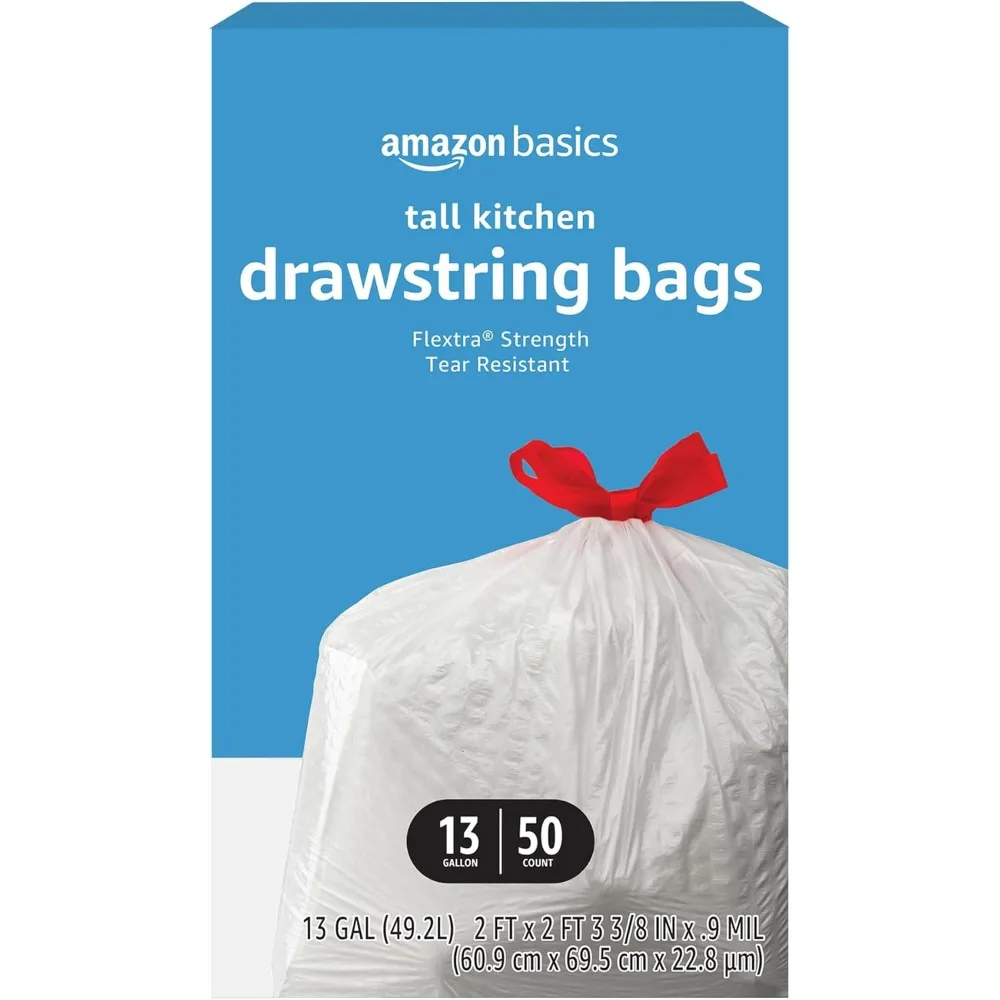 

Tall Kitchen Drawstring Trash Bags, 13 Gallon Unscented, 50 Count - Durable and Leak-Proof