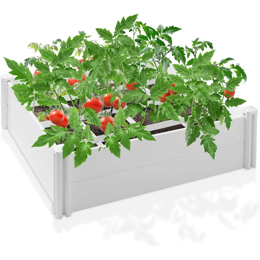 

4' x 4' x 12" White Vinyl Raised Garden Bed with Grid System Outdoor Above Ground Planter Box for Flowers Vegetables and Garden